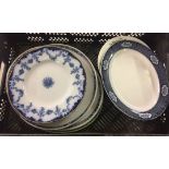 A crate of assorted serving plates to include Vieux Rouen Etruria Wedgwood, Spode batprinted plate