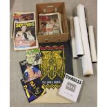 A box of c1980s rock and pop items comprising Melody Maker, NME and Sounds newspapers, posters and