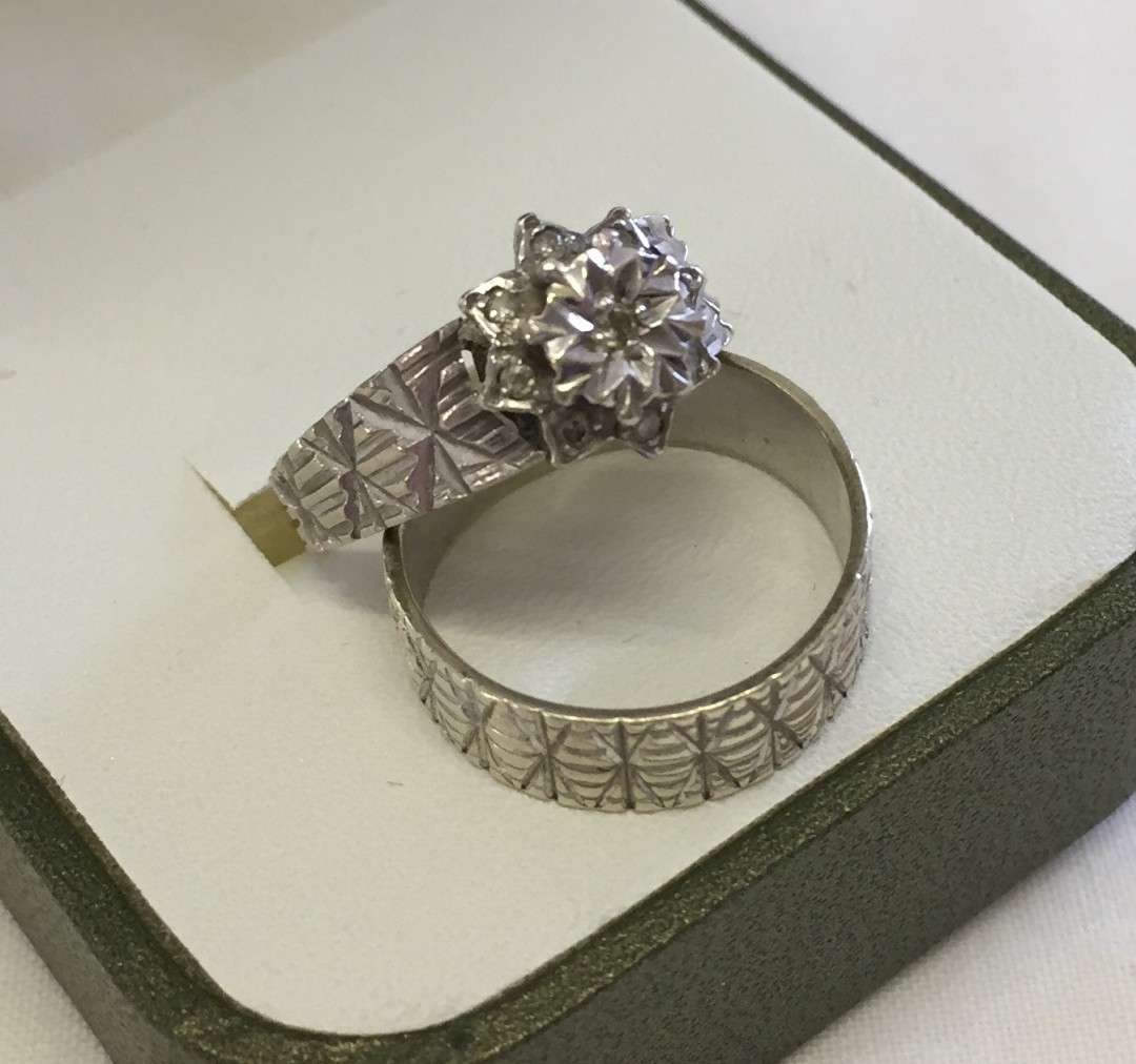 c.1970's white gold engagement and matching wedding ring set. Engagement ring set with a small