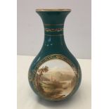 A Copeland vase with hand painted circular panel depicting a continental lake scene 16cm tall.