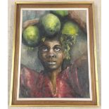 A framed oil on board of an African person carrying fruit approx 46 x 62cm.