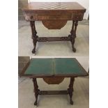 A 19th century inlaid walnut games/cards table with wooden chess set included. Measures 76cm long