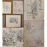 Thomas William Camm: 2 pen & ink drawings with working sketches, i) Boy with flag and birds 23 x