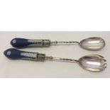 A pair of Victorian Adams silver plated jasperware handled salad servers.