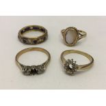 4 gold rings, 3 with stones missing and 1 with very worn cameo. Total weight approx 8.8g.