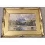 A Victorian ornate gilt framed watercolour by Sutton Palmer depicting a fisherman on the river. 50 x