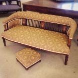 An Edwardian 2 seater settee with marquetry inlay and gold fleur-de-lis patterned upholstery,