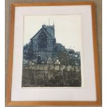 A framed & glazed mixed media etching of Chequer Board Church in Burnham Norton by Dorothy Bordass