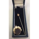 9ct gold fob set with dark brown and green agate stones, Birminghall HM. Together with a heart