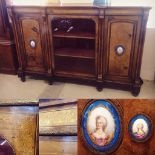 A 19th century inlaid walnut and mahogany sideboard with 2 ceramic oval inset panels (possibly
