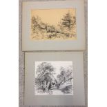 Arthur E. Davies R.B.A. R.C.A. 2 pencil sketches of rural scenes. 1) Eastwood Lodge Costessy. Signed