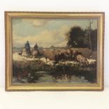 An oil on canvas of shepherd & sheep - in gilt frame. Believed Dutch artist. Approx 74 x 59cm.