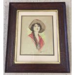 c1920s watercolour portrait of a young lady. Some foxing.