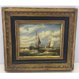A small gilt & black lacquer framed oil on canvas of ships by W. Webb, 1882
