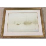 R. Chiba, oriental watercolour of boats on a misty sea. 33 x 50cm. Framed & glazed