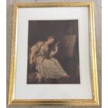 19th century mezzotint of a lady artist. Gilt framed and glazed. Damage to top left. Size 49 x 39cm