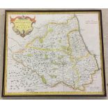 An antique Robert Morden's Map of Durham. Hand coloured. 37 x 42cm. Framed & glazed.