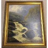 F. Muschamp oil on board of a waterfall. Signed and dated 1880. Gilt framed 72 x 60cm