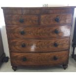 A Victorian 2 over 3 mahogany bow fronted chest of drawers. Size 108cm wide x 117cm tall.