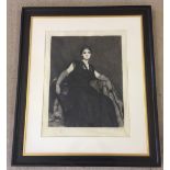 A large framed & glazed etching of a lady dated 1888. Approx 48 x 61cm. Indistinctly signed in