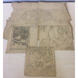 Florence Camm, 4 pencil sketches to include Lucy Locket, Harvesting, The Good Samaritan and