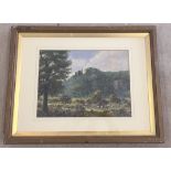 Signed watercolour landscape, with ruined castle atop a hill, with sheep grazing below. Indistinctly