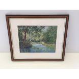 Val Ablewhite pastel 'Tranquil Woodland Scene'. 23 x 30cm. Framed & glazed.