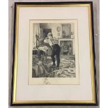 W. Dendy Sadler engraving signed in pencil. Gentleman tying his tie. Dated 1905. 37 x 28cm framed