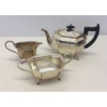 An A1 silver plated hexagonal design tea set with animal feet, comprising tea pot, milk jug and