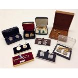 A collection of gents cufflinks & tie pins, mostly boxed.