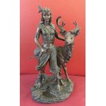 Bronzed coloured resin sculpture of a young woman and stag.