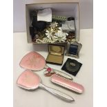 Box of vintage items to include jewellery, dressing table mirror and powder compact.
