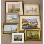 A collection of 7 framed oils and watercolours depicting various windmills.