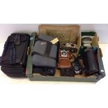 A box of misc cameras and camera bags to include Kodak. 'Bantam' Coloursnap.