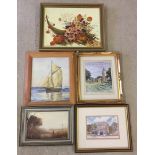 A collection of 5 oils and watercolours to include a Norfolk Wherry.