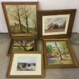 A collection of 5 framed oils and watercolour paintings of landscape scenes.