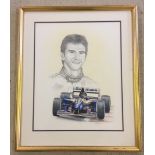 Pencil & watercolour portrait of Damson Hill with Williams F1 racing Car.