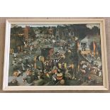 A framed & glazed humourous print depicting The Flemish Fair by Pieter Bruegel the Younger.