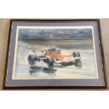 A framed & glazed print of James Hunt by Donald Grant, dated 1976.