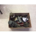 A box of misc kitchenalia & metalware.