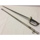 An antique sword with brass hilt & guard and wooden grip.