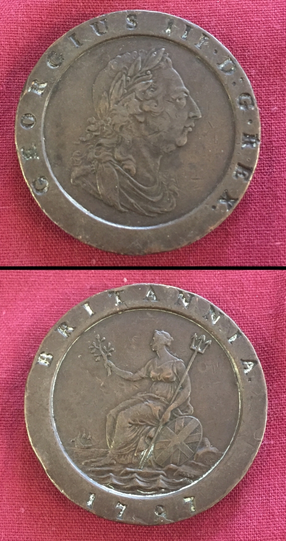 A George III 1797 Cartwheel Two Pence coin.