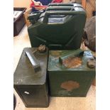 A War Dept Jerry Can dated 1959 together with 2 green painted petrol cans.