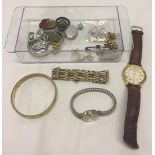 A tray of misc costume jewellery & watches.