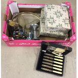 A box of misc silver plated items & cutlery.