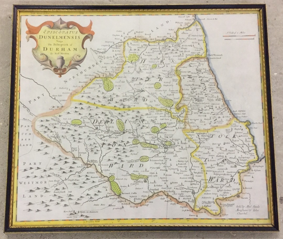 An antique Robert Morden's Map of Durham. Hand coloured. 37 x 42cm. Framed & glazed.