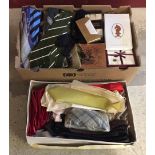 A box containing a large quantity of gents vintage handkerchiefs and ties including boxed sets.