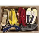 A box of misc ladies summer sandals & moccosins. Mostly sized 6½ & 7 to include Clarkes, Bally and F