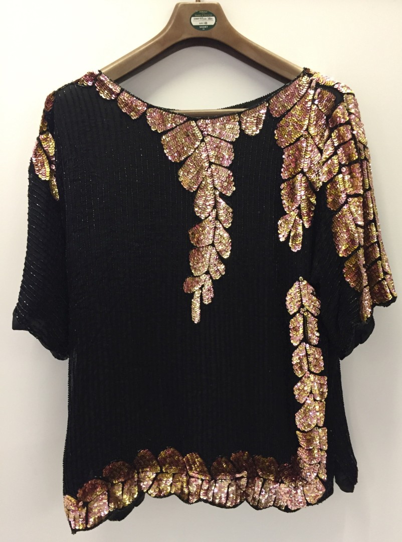 Ladies silk evening top. Black with gold and pink sequins and beads.