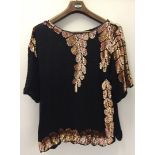 Ladies silk evening top. Black with gold and pink sequins and beads.